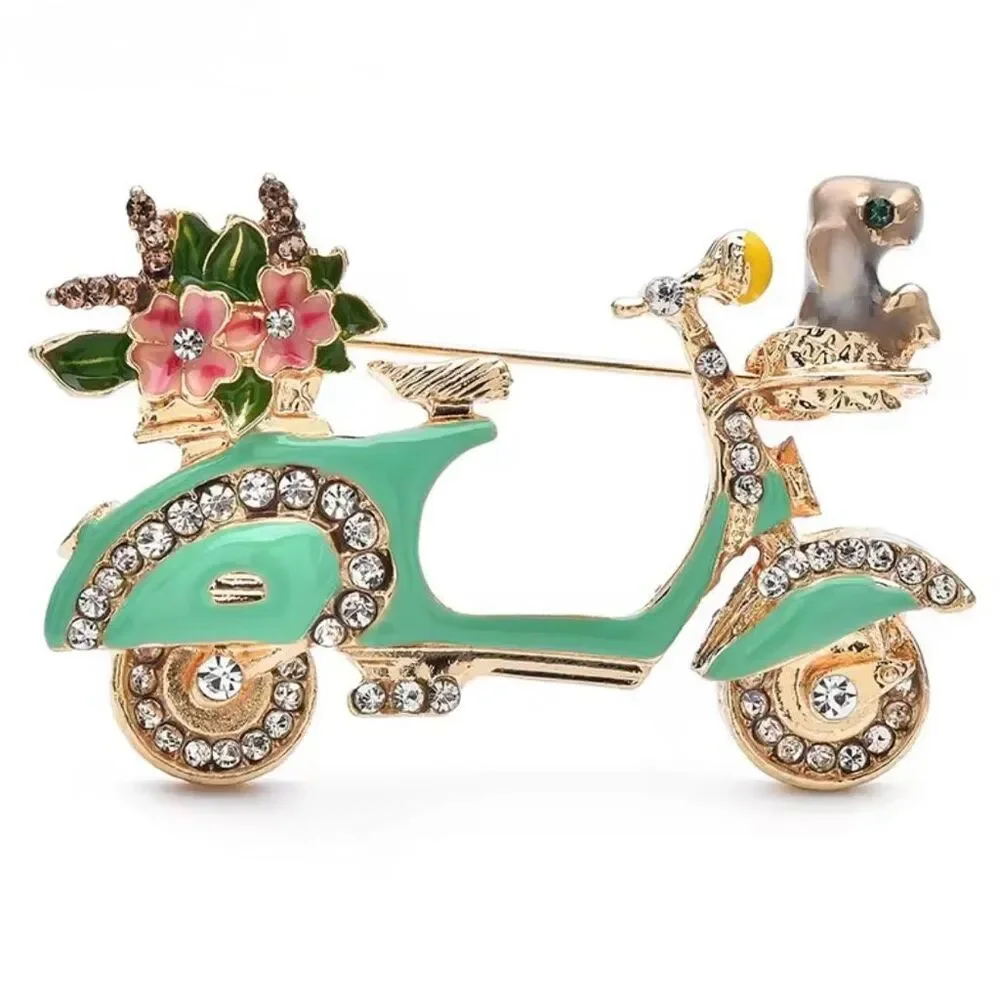 Charming Mint Green Vespa Scooter Brooch - Crystal & Enamel Dog Flowers Pin